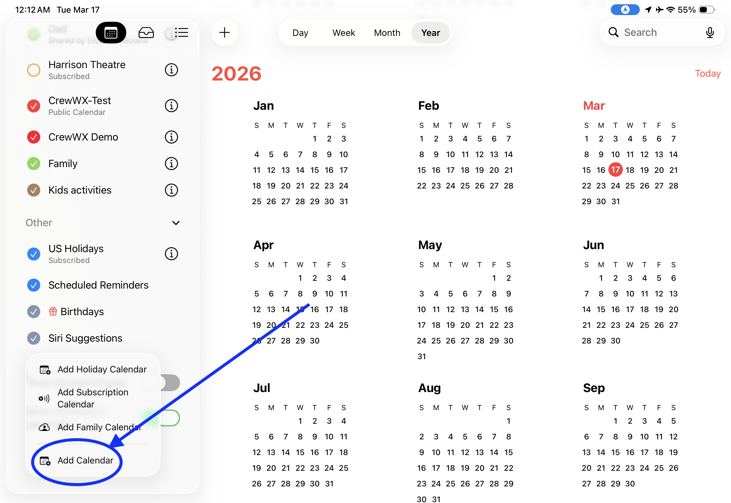 Select Add Calendar type